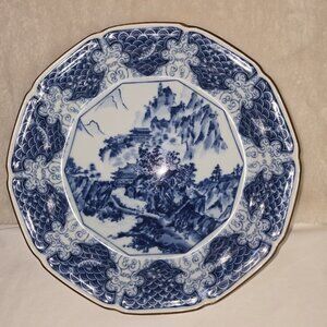 Vintage Japanese Arita Blue & White Landscape Charger Plate 12” – Brown Rim –...